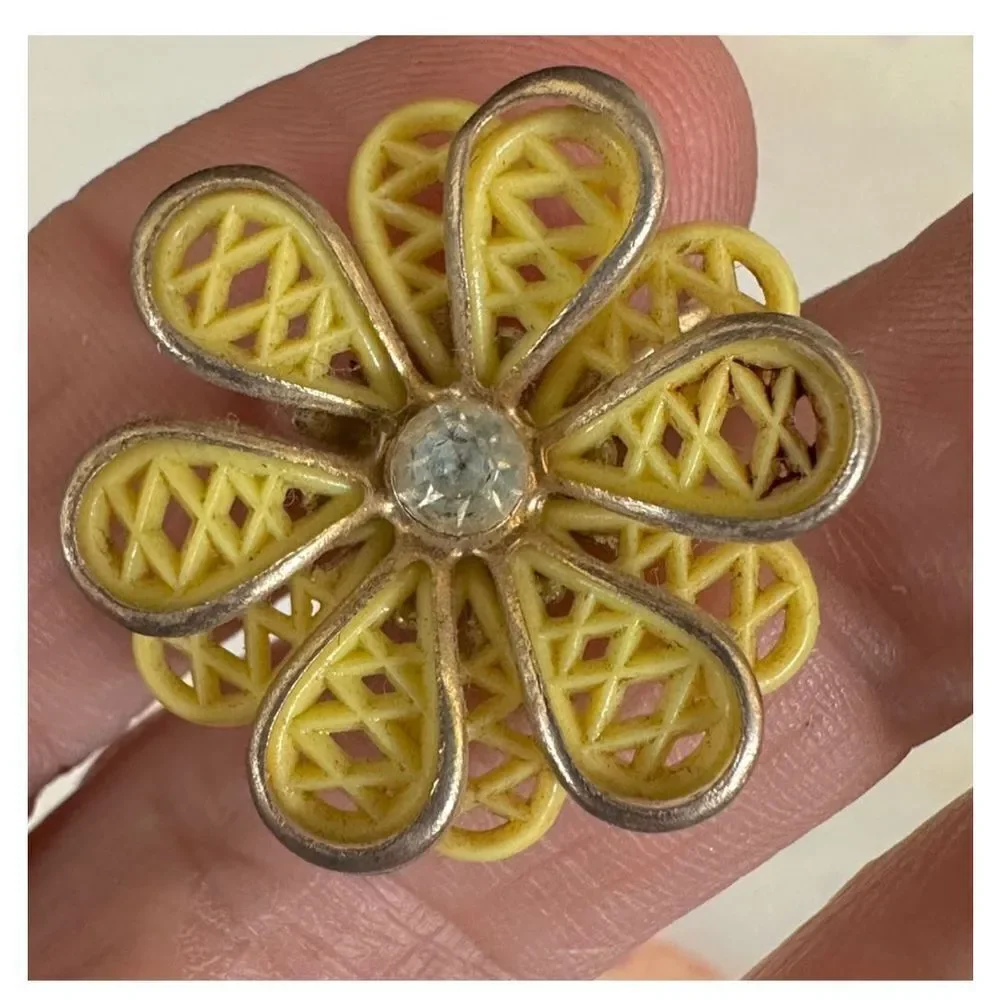 Coro vintage yellow flower rhinestone clip on earrings